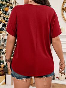 Vionelle Plus Solid Pocket Patched V Neck Tee For New Year Clothes - Red - View 2