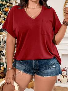Vionelle Plus Solid Pocket Patched V Neck Tee For New Year Clothes - Red - View 5
