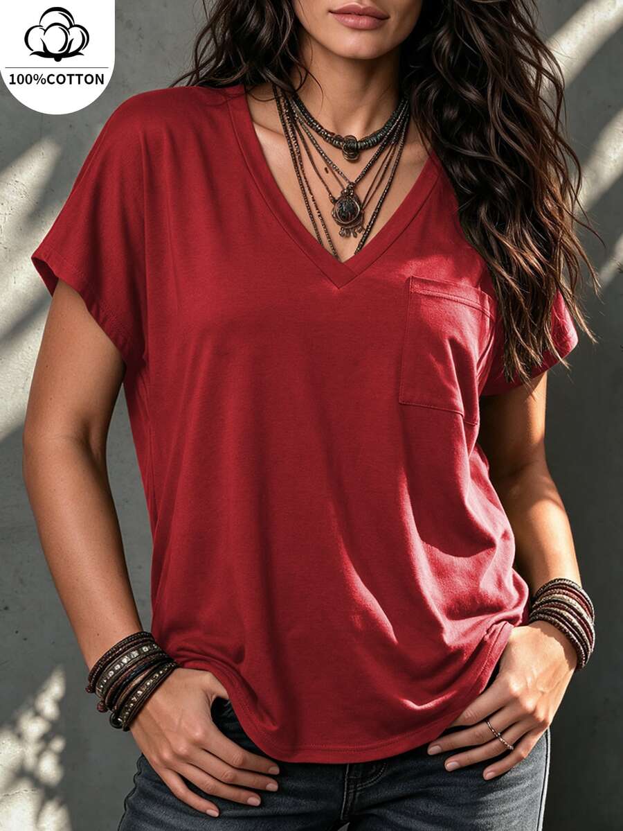 Vionelle Plus Solid Pocket Patched V Neck Tee For New Year Clothes - Red - View 1