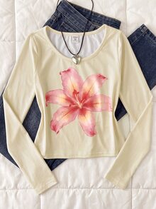SHEIN 兒童青少年女孩時尚休閒日常印花圓領長袖上衣 - 黃色 - 查看 11