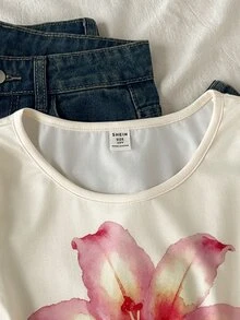 SHEIN 兒童青少年女孩時尚休閒日常印花圓領長袖上衣 - 黃色 - 查看 5