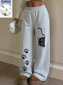SHEIN Kids Tween Girl Knit Light Gray Loose Casual Versatile Drawstring Pocket Wide Leg Sweatpants - Grey - View 2