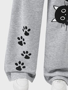 SHEIN Kids Tween Girl Knit Light Gray Loose Casual Versatile Drawstring Pocket Wide Leg Sweatpants - Grey - View 6
