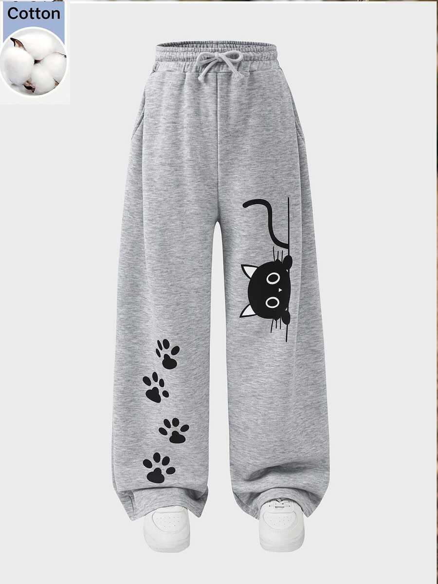 SHEIN Kids Tween Girl Knit Light Gray Loose Casual Versatile Drawstring Pocket Wide Leg Sweatpants - Grey - View 1