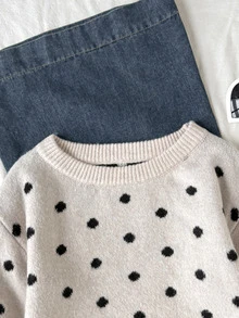 SHEIN Kids Tween Girls Polka Dot Printed Round Neck Sweater For Fall/Winter Back To School - Apricot - View 5