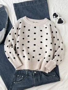 SHEIN Kids Tween Girls Polka Dot Printed Round Neck Sweater For Fall/Winter Back To School - Apricot - View 3
