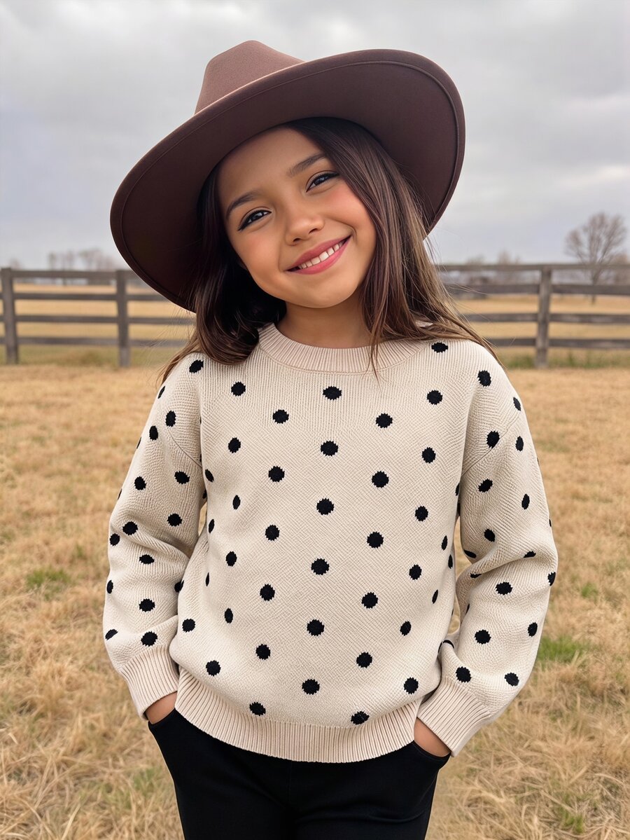 SHEIN Kids Tween Girls Polka Dot Printed Round Neck Sweater For Fall/Winter Back To School - Apricot - View 1
