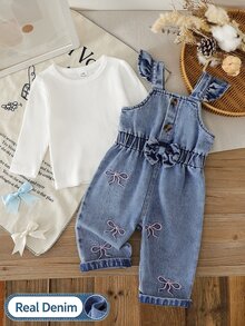 SHEIN 2 Piece/Set Baby Girl Spring Fall White & Blue Color Block Fresh Sweet Style Bow Embroidery Denim Overalls With Ribbed Long Sleeve Top Outfit Loose Co - White - View 3