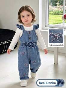 SHEIN 2 Piece/Set Baby Girl Spring Fall White & Blue Color Block Fresh Sweet Style Bow Embroidery Denim Overalls With Ribbed Long Sleeve Top Outfit Loose Co - White - View 1