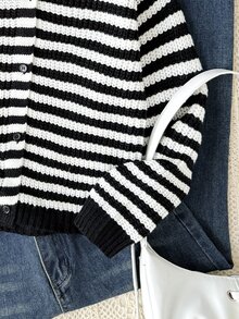 SHEIN كارديجان مخطط باللونين الأسود والأبيض كاجوال للفتيات المراهقات للخريف/الشتاء، العودة إلى المدرسة - أبيض وأسود - مشاهدة 6