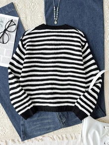 SHEIN كارديجان مخطط باللونين الأسود والأبيض كاجوال للفتيات المراهقات للخريف/الشتاء، العودة إلى المدرسة - أبيض وأسود - مشاهدة 3