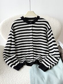 SHEIN كارديجان مخطط باللونين الأسود والأبيض كاجوال للفتيات المراهقات للخريف/الشتاء، العودة إلى المدرسة - أبيض وأسود - مشاهدة 2