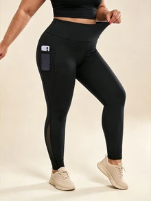 SHEIN Unity Plus Size Mesh Patchwork Pocket Sweatpants - Black - View 6