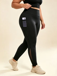 SHEIN Unity Plus Size Mesh Patchwork Pocket Sweatpants - Black - View 3