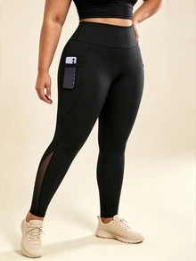 SHEIN Unity Plus Size Mesh Patchwork Pocket Sweatpants - Black - View 4