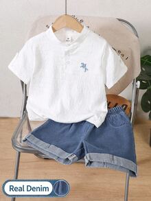 SHEIN Mirajuku Young Boys Everyday Casual Multicolor Figure Polyester Co-Ords With Stand Collar Short Regular Sleeve Top And Denim Shorts - Multicolor - View 1