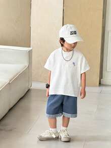 SHEIN Mirajuku Young Boys Everyday Casual Multicolor Figure Polyester Co-Ords With Stand Collar Short Regular Sleeve Top And Denim Shorts - Multicolor - View 4