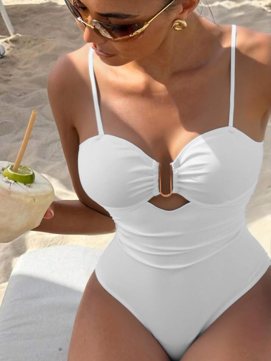 SHEIN Swim Basics 夏季沙滩纯色吊带连体泳衣 白色泳衣 - 白色 - 查看 1