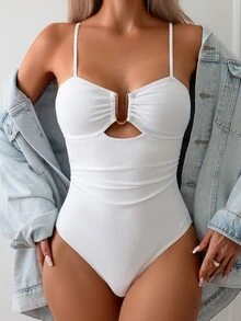 SHEIN Swim Basics 夏季沙滩纯色吊带连体泳衣 白色泳衣 - 白色 - 查看 4
