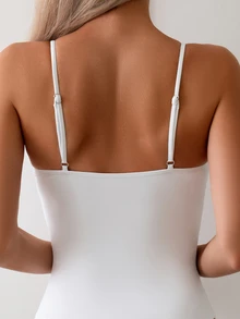 SHEIN Swim Basics 夏季沙滩纯色吊带连体泳衣 白色泳衣 - 白色 - 查看 7