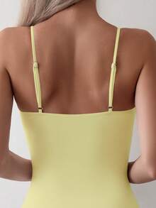 SHEIN Swim 女士纯色金属装饰褶皱连体泳衣 - 鵝黃色 - 查看 3