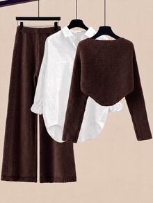 GlowEve Women's Solid Color Wrap Sweater & Knit Pants 2 Pieces Set - Coffee Brown - View 2