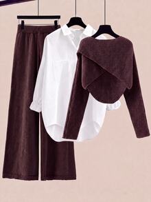 GlowEve Women's Solid Color Wrap Sweater & Knit Pants 2 Pieces Set - Coffee Brown - View 3