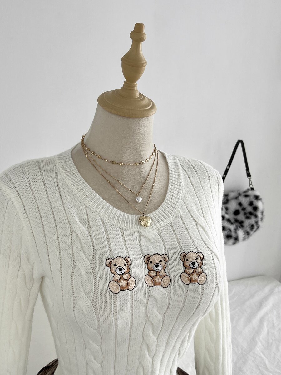 Dulcita Women's Cute Sweet Funny Bear Print Loose Casual Vacation Daily Commute Sweater Date Gathering Versatile Pullover Long Sleeve - Multicolor - View 1