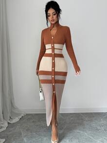 SHEIN Cardigan long à rayures et blocs de couleurs avec boutons devant - Multicolore - Voir 5