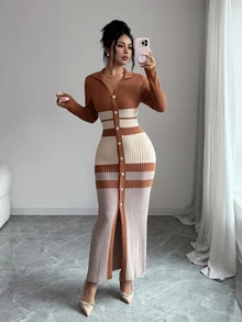SHEIN Cardigan long à rayures et blocs de couleurs avec boutons devant - Multicolore - Voir 7