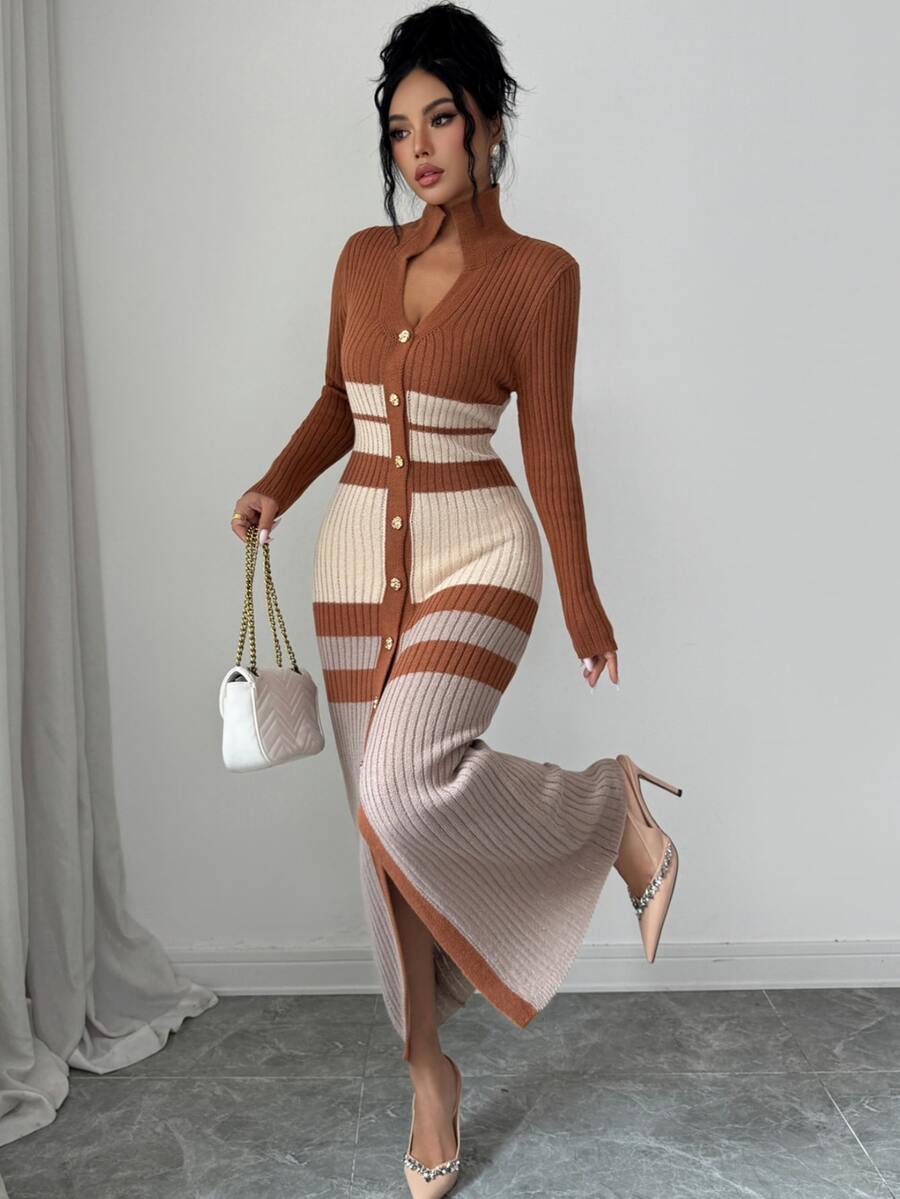 SHEIN 條紋拼接配色前開鈕扣長版開襟衫 - 彩色 - 查看 1