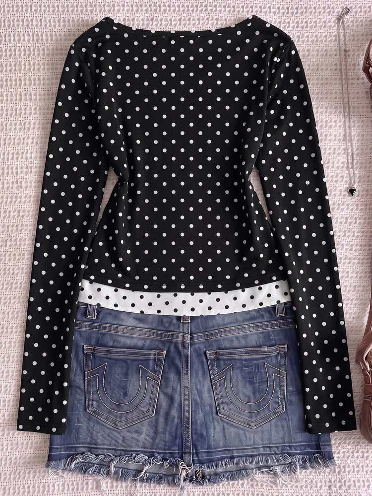 SHEIN Teen Girls T-Shirts Knitted Black Patchwork Polka Dot Casual Cute Y2k Long Sleeve T-Shirt School Formal Autumn,Halloween,Vacation/Vintage/Christmas - Navy Blue - View 3