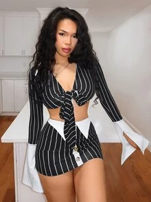 BamGleam Y2K Sexy Black‑White Pinstripe Deep V Tie‑Front Slit Flare Cuff Top & Bodycon Mini Skirt Two‑Piece Set - Black and White - View 7