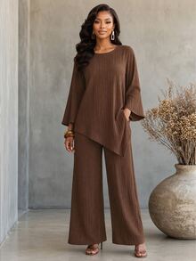 SHEIN Lady طقم نسائي كاجوال من قطعتين بلوزة بياقة دائرية وأكمام 3/4 وحافة غير متماثلة وبنطال بلون موحد - متعدد الألوان - مشاهدة 3