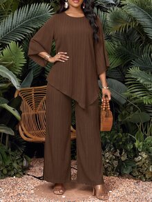 SHEIN Lady طقم نسائي كاجوال من قطعتين بلوزة بياقة دائرية وأكمام 3/4 وحافة غير متماثلة وبنطال بلون موحد - متعدد الألوان - مشاهدة 5