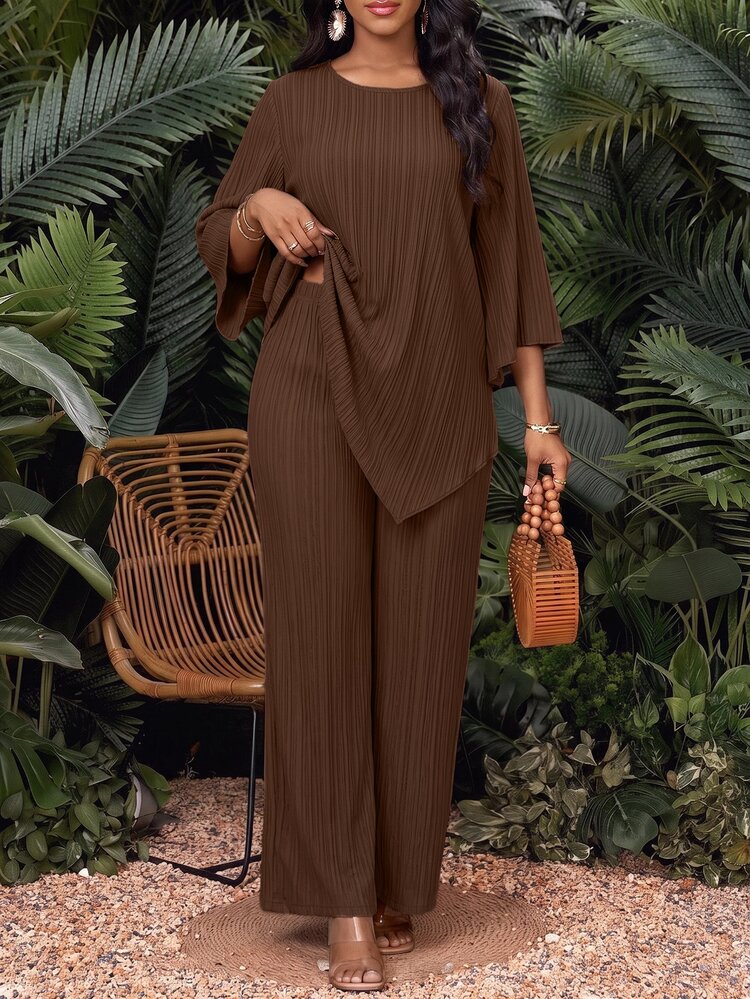SHEIN Lady طقم نسائي كاجوال من قطعتين بلوزة بياقة دائرية وأكمام 3/4 وحافة غير متماثلة وبنطال بلون موحد - متعدد الألوان - مشاهدة 6