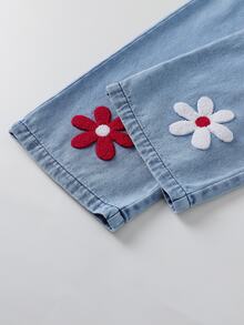 SHEIN 2件組 青少年女孩可愛拼接V領長袖T恤與刺繡牛仔褲套裝，秋季 - 彩色 - 查看 4