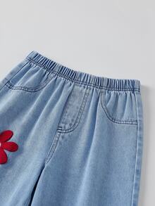SHEIN 2件組 青少年女孩可愛拼接V領長袖T恤與刺繡牛仔褲套裝，秋季 - 彩色 - 查看 6