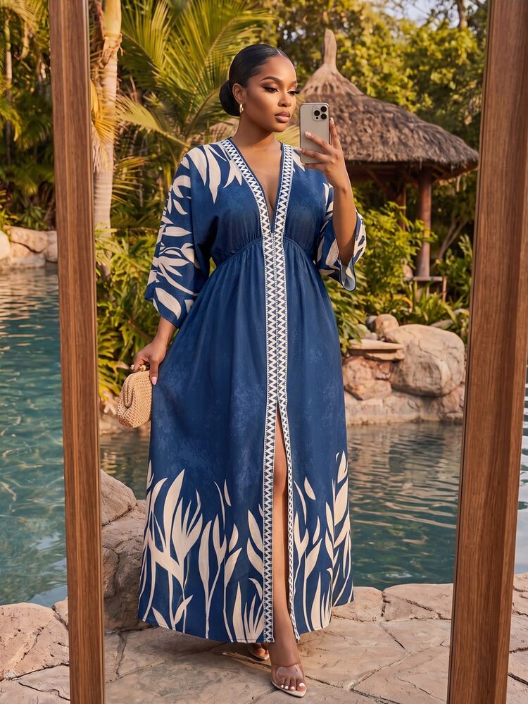 SHEIN Lady CURVE Plus Size Casual Vacation Floral Print Slit Dress - Multicolor - View 3