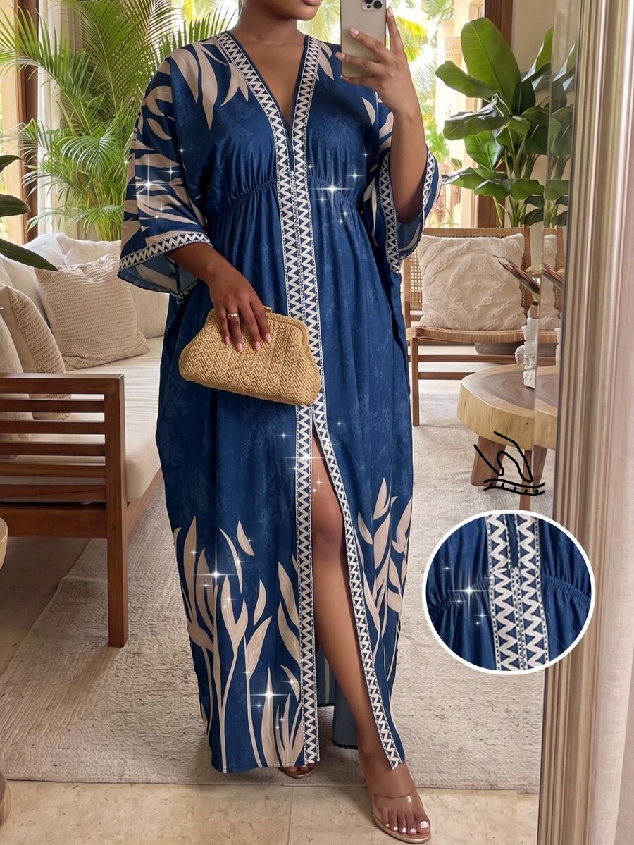 SHEIN Lady CURVE Plus Size Casual Vacation Floral Print Slit Dress - Multicolor - View 1