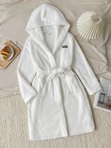 SHEIN Tween女孩簡約秋冬舒適保暖加厚內裡櫻桃印花居家服 - 白色 - 查看 9