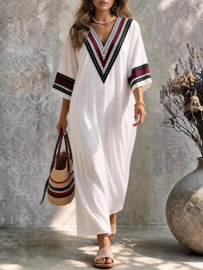 Ceyna Autumn Solid White Print V-Neck Mid-Length Sleeve Straight Elegant Boho Casual Plus Size Women's Dress Suitable For Beach Vacation Formal Fall
