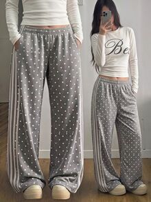 SHEIN 青少年女孩灰色波點寬腿寬鬆運動長褲，側條紋波點運動褲，舒適鬆緊腰長褲，休閒時尚穿搭，柔軟運動服，開學季，秋季，健身房/體操，運動 - 灰色 - 查看 3