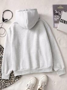 SHEIN 青少年女孩長袖抓絨秋季灰色連帽衛衣，字母圖案，袋鼠口袋，寬鬆版型，街頭風 - 灰色 - 查看 7