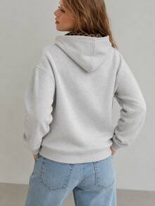 SHEIN 青少年女孩長袖抓絨秋季灰色連帽衛衣，字母圖案，袋鼠口袋，寬鬆版型，街頭風 - 灰色 - 查看 6