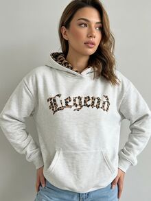 SHEIN 青少年女孩長袖抓絨秋季灰色連帽衛衣，字母圖案，袋鼠口袋，寬鬆版型，街頭風 - 灰色 - 查看 4
