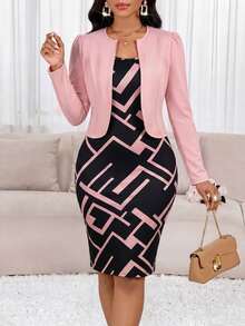 SHEIN Lady طقم نسائي أنيق من قطعتين: جاكيت بأكمام طويلة مفتوح من الأمام بلون موحد وفستان بطبعة هندسية - متعدد الألوان - مشاهدة 2