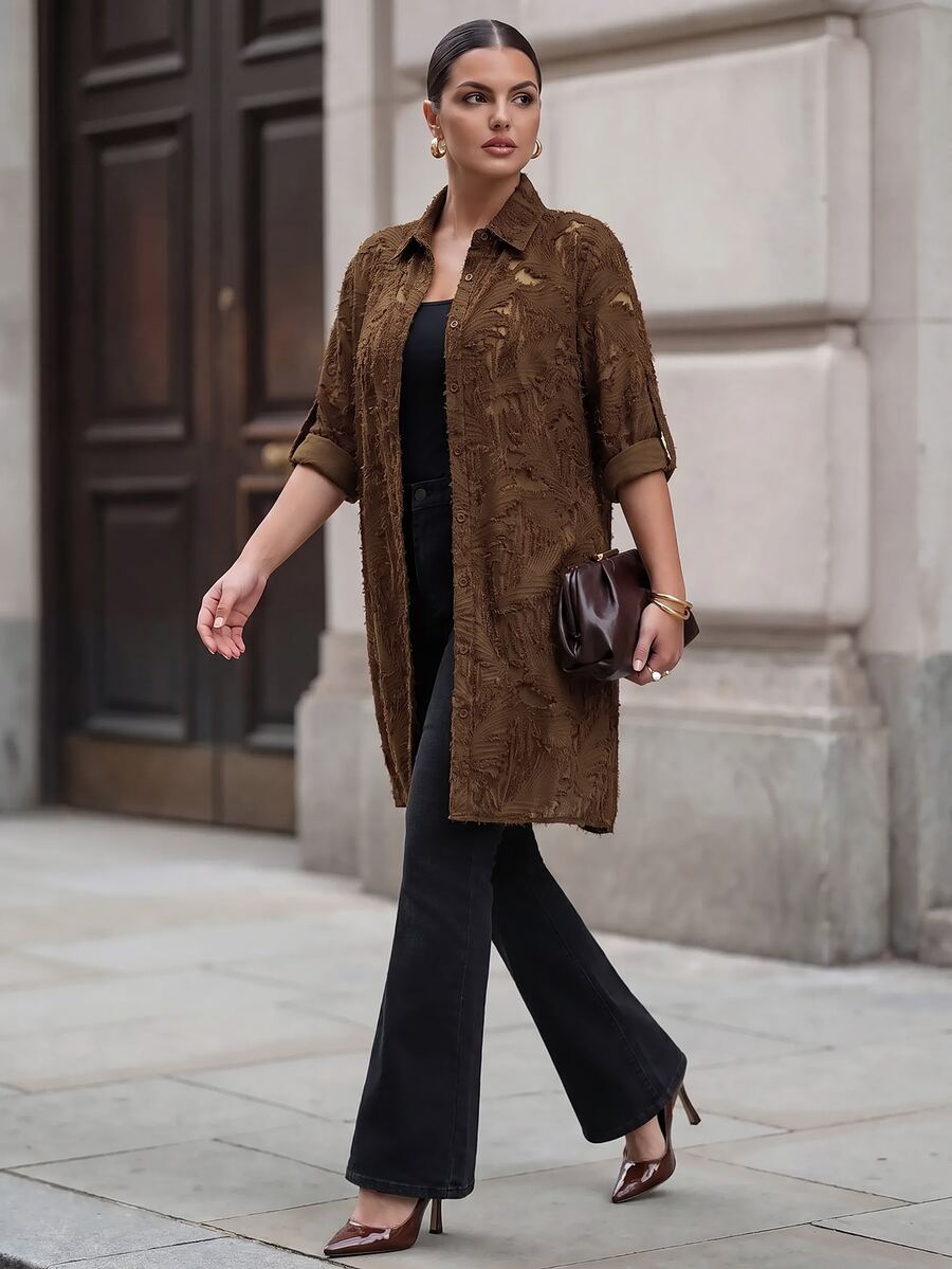 Chikora Plus Floral Jacquard Button Front Shirt Office Formal Brown Summer Elegant