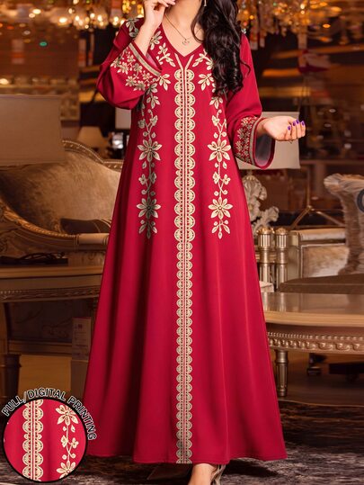 SHEIN Najma Women's Burgundy And Gold Vine Round Pattern Floral Print Fashion V-Neck Long Sleeve Spring/Autumn Elegant Arabian Dress, Casual Vacation Streetwear Long Dress, Arabic Style Clothing