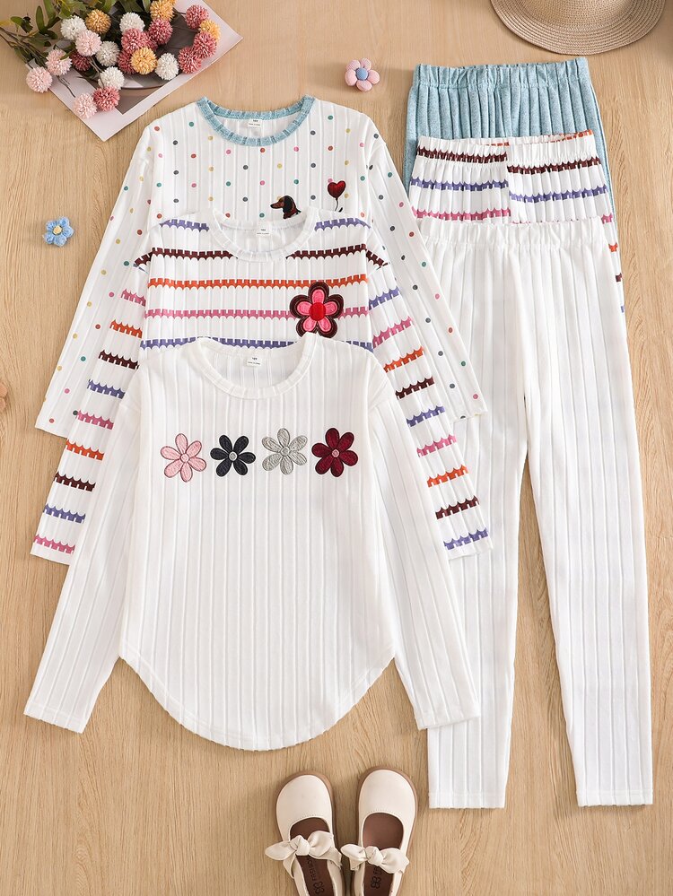 SHEIN Tween Girls Fall Outfits Fall Tops T-Shirt Co-Ords, Tween Girl Autumn Casual Long Sleeve T-Shirt & Slim Fit Pants, Neck, Round, Outfit - Multicolor - View 3